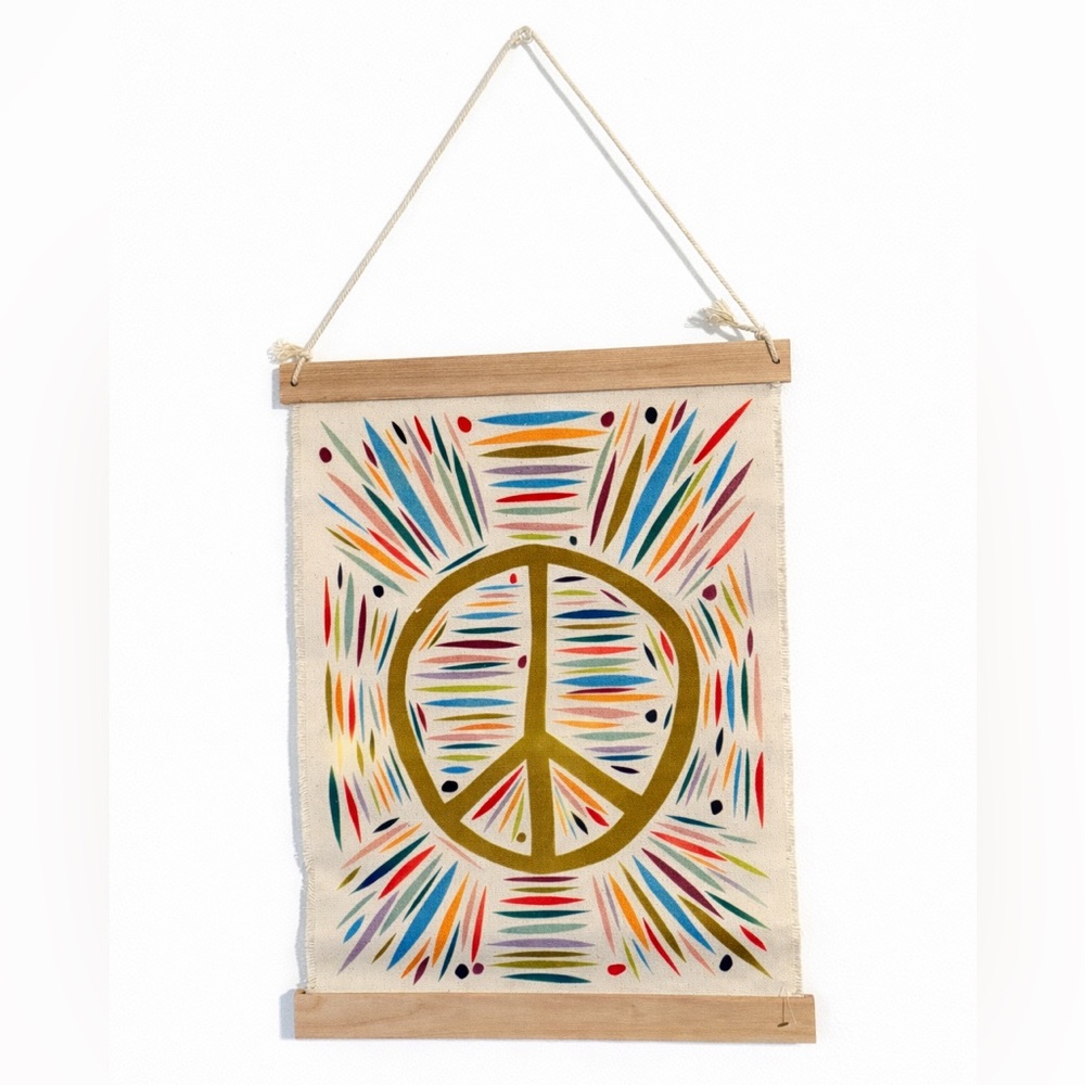 Martha Rich x Fringe Canvas Peace Sign Wall Hanging In Gold And Multicolor